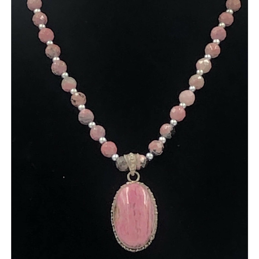 Sterling Silver pink Rhodondite pendant Faceted Bead Necklace Artisan - Picture 3 of 12